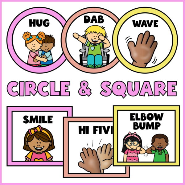 Bright and Simple Morning Greeting Signs - Circle and Square Examples Shows different options with clipart included circles and squares that are brightly colored