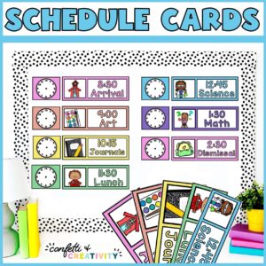 Shows a stock photo with an example visual schedule with clipart for the primary grades