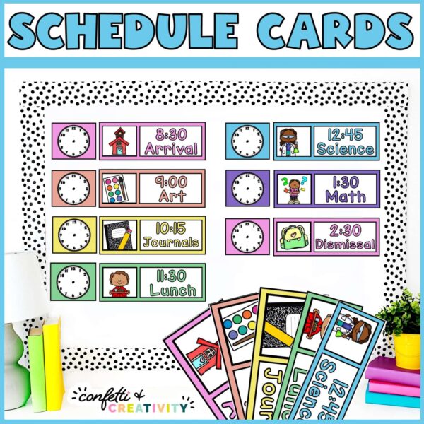 Shows a stock photo with an example visual schedule with clipart for the primary grades