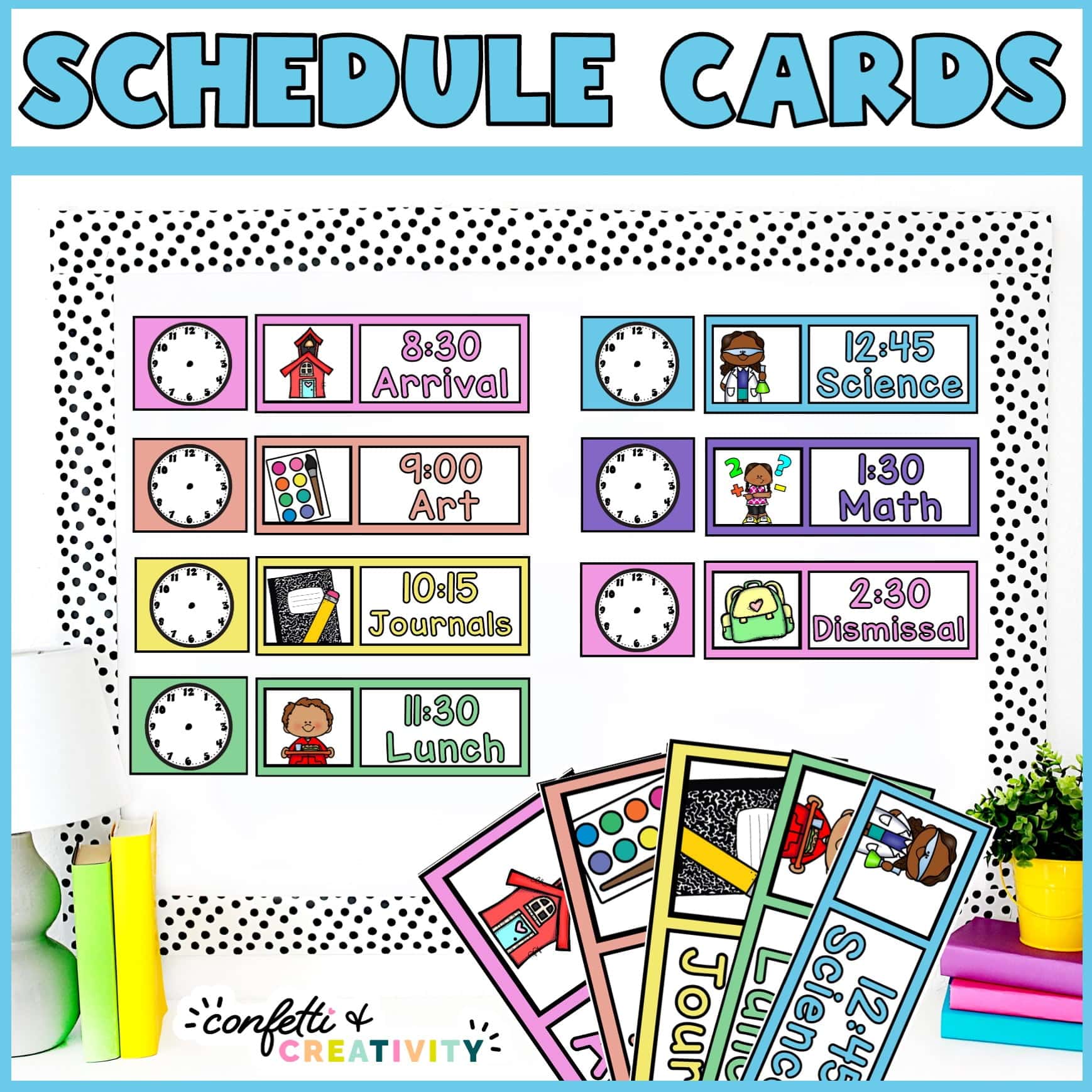 Shows a stock photo with an example visual schedule with clipart for the primary grades