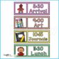 Shows 4 different schedule card examples - "Arrival", "Art", "Journal" and"Lunch"