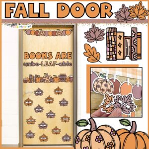 Shows fall door decor phot with the phrase "Books are unbe-leaf-able" as well as a zoomed in version of the clipart