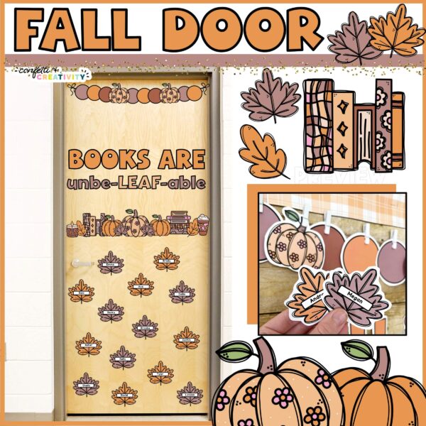 Shows fall door decor phot with the phrase "Books are unbe-leaf-able" as well as a zoomed in version of the clipart