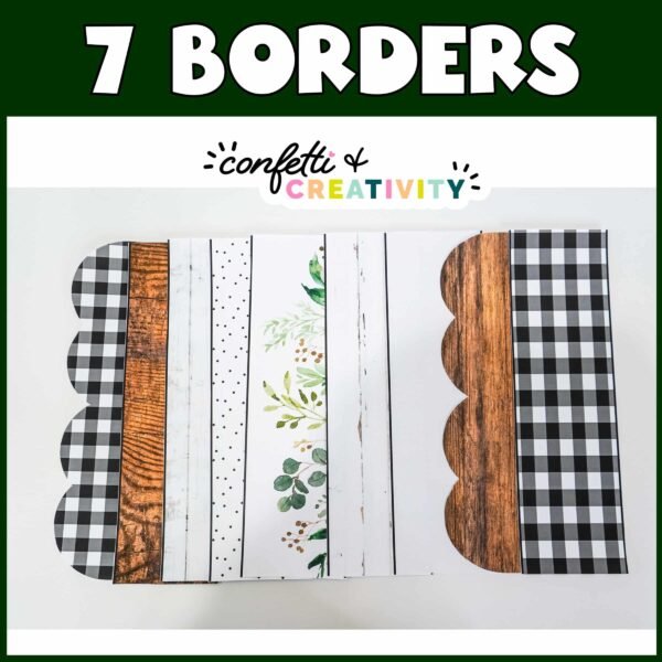 Farmhouse Bulletin Board Borders - 7 Examples Shows all 7 bulletin board borders a teacher gets in the product