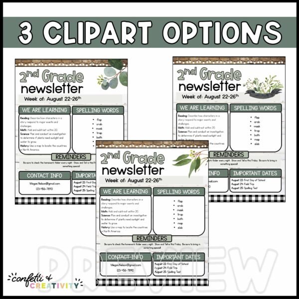 Farmhouse Classroom Newsletters - Clipart Options Shows 3 Different Clipart options