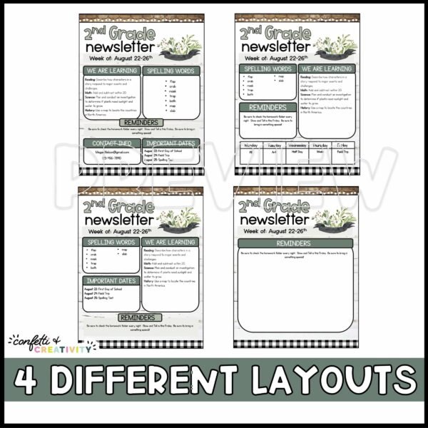 Farmhouse Classroom Newsletters -Layout Options Shows 4 different Newsletter Template layout options included in the product