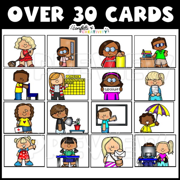 Farmhouse Primary Job Cards 3 Shows 30 different options to create a farmhouse set of classroom jobs with clipart