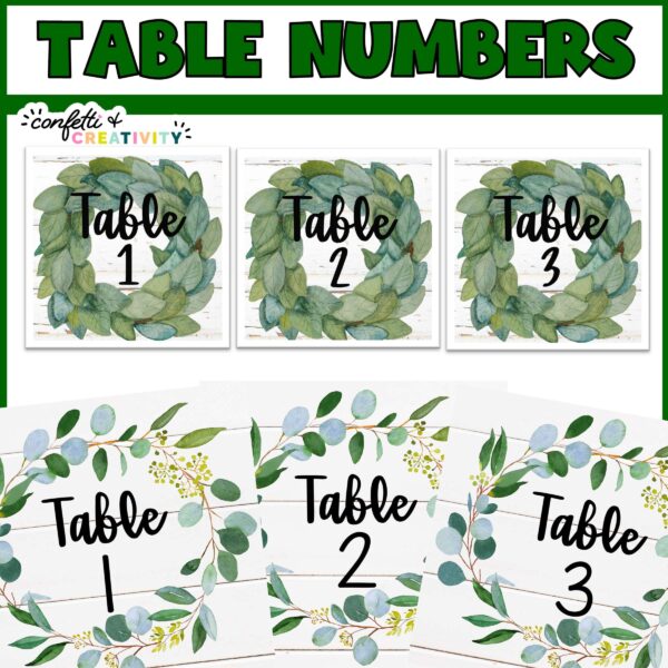Shows A layout of different farmhouse themed table numbers to be used in a classroom