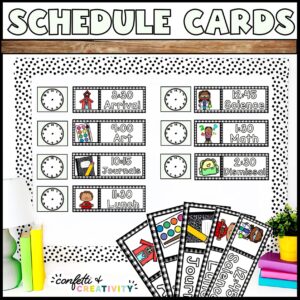 Shows a cover photo of a farmhouse themed classroom schedule. Each option has clipart in it to help younger students visualize what's happening in the schedule