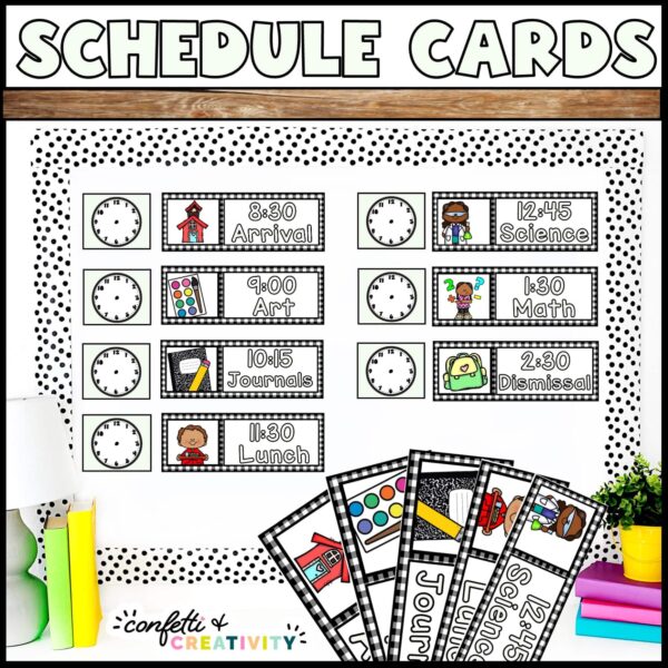 Shows a cover photo of a farmhouse themed classroom schedule. Each option has clipart in it to help younger students visualize what's happening in the schedule