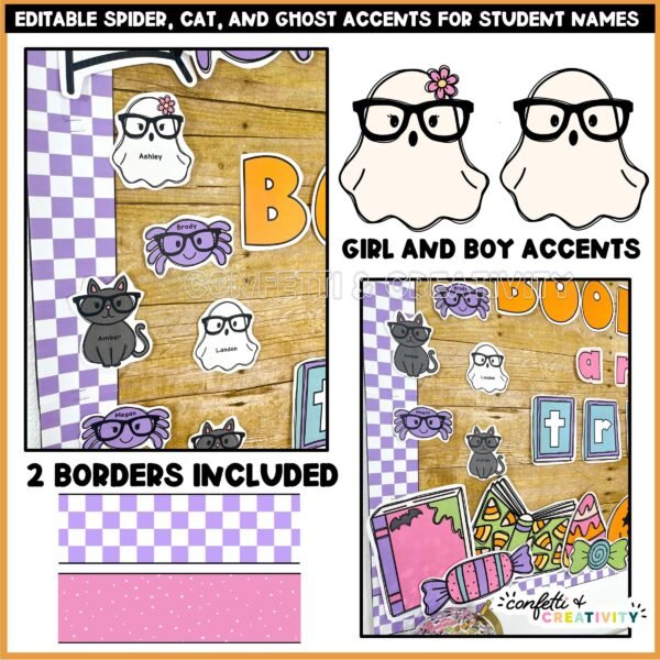 Reading Halloween Bulletin Board - Clipart with Student Names Shows clipart like ghosts, cats, and spiders with the option to add student names to the board