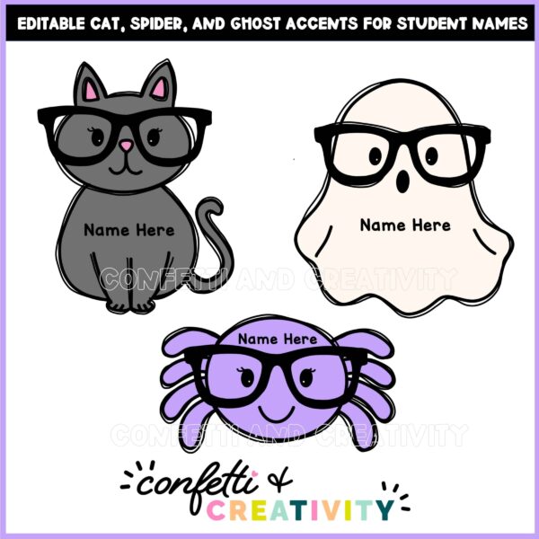 Halloween Door Decor - Clipart Examples Shows Options to add student names to door. Features Halloween Clipart like a cat, ghost, and spider