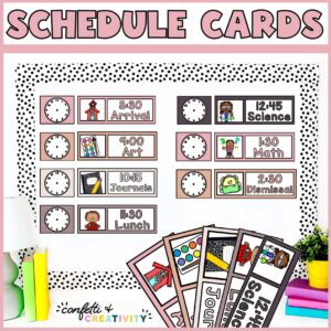 Shows a stock photo bulletin board with the visual schedule set up on it