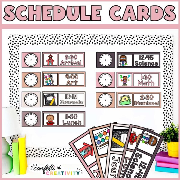 Shows a stock photo bulletin board with the visual schedule set up on it