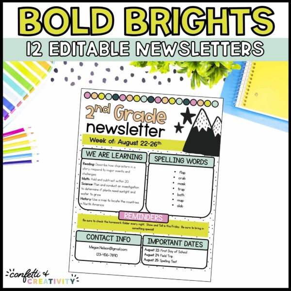 Shows the bold bright classroom newsletter on a stock photo background