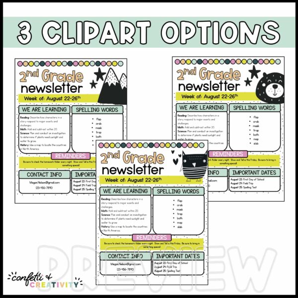 Bold Brights Classroom Newsletter - 3 Different Clipart Options Shows the three clipart options that are included in the classroom newsletter designs