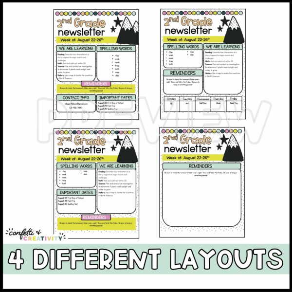 Bold Brights Classroom Newsletter - 4 Different Layout Options Shows all four layout options for the classroom newsletters