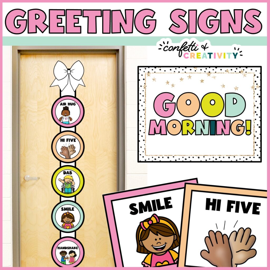 Shows a stock photo of a door with a ribbon that has the morning greetings on them