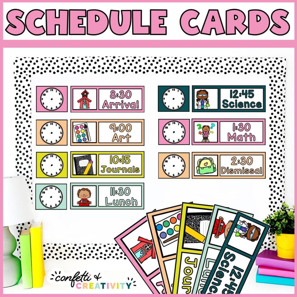 Shows the visual schedule cards on a stock photo bulletin board