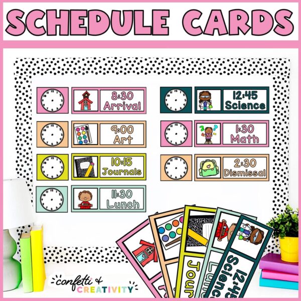 Shows the visual schedule cards on a stock photo bulletin board