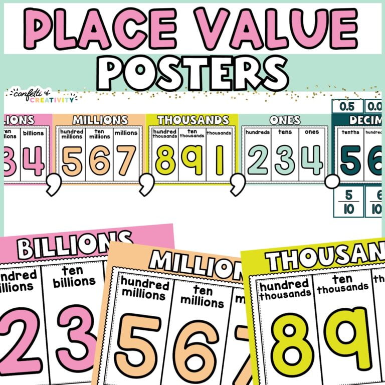 Shows what the place value posters look like put together in a bright color scheme