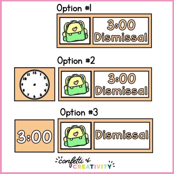 Bold Brights Visual Schedule - Examples Shows 3 different time option examples of how the schedule cards can be put together