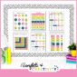 Shows 6 different printable full page math posters taped to a stock photo bulletin board