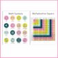 Shows two printable math posters. One shows math symbols, and the second shows a multiplication table. Both posters are in a bold bright fun set of colors.
