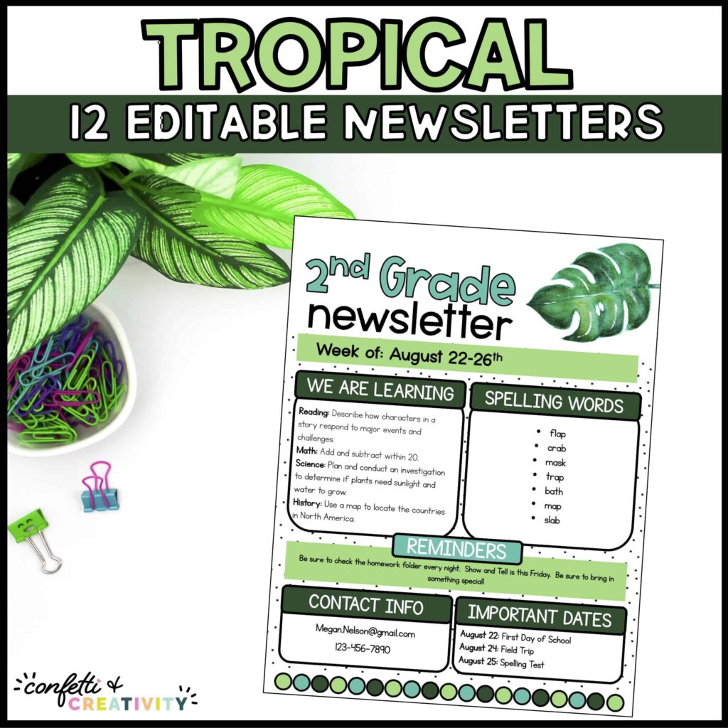 Shows an example of the classroom newsletter on a table stock photo