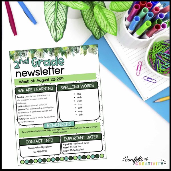 Tropical Classroom Newsletters - Stock Photo Shows the classroom newsletter as an example on a stock photo table that includes plants and other teacher supplies