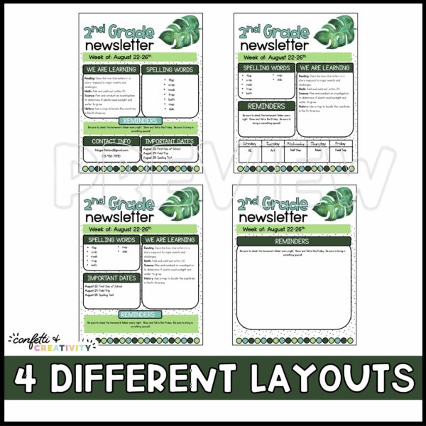 Tropical Classroom Newsletters - Layout Options Shows a preview of the four different layout options for the classroom newsletters