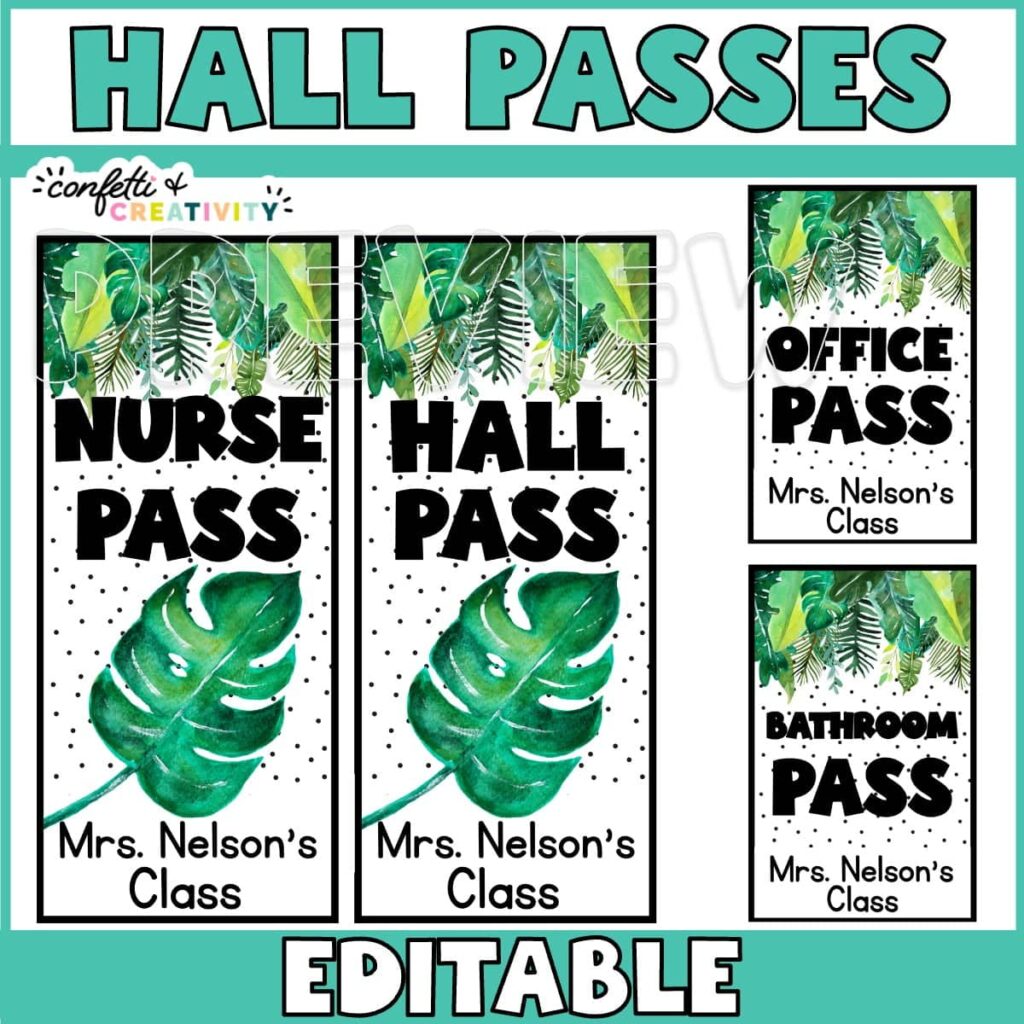 Shows many different examples of tropical printable hall passes with the text "hall passes"
