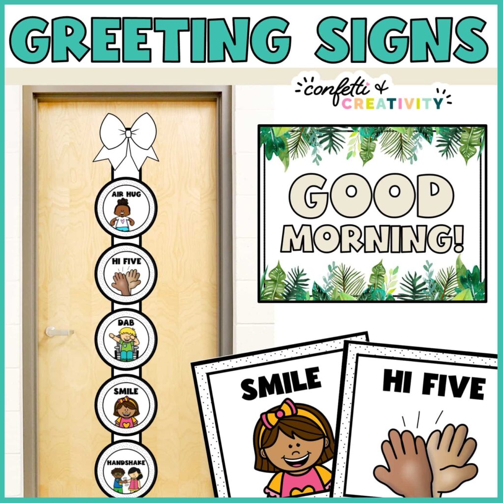Shows the morning greetings handing on a ribbon on a stock photo classroom door