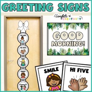 Shows the morning greetings handing on a ribbon on a stock photo classroom door