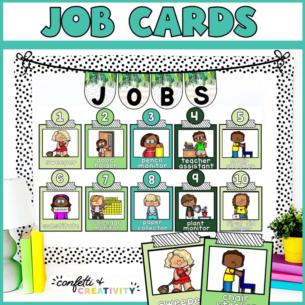 Shows classroom job cards on a stock photo bulletin board
