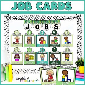 Shows classroom job cards on a stock photo bulletin board