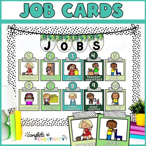 Shows classroom job cards on a stock photo bulletin board