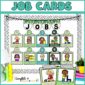Shows classroom job cards on a stock photo bulletin board