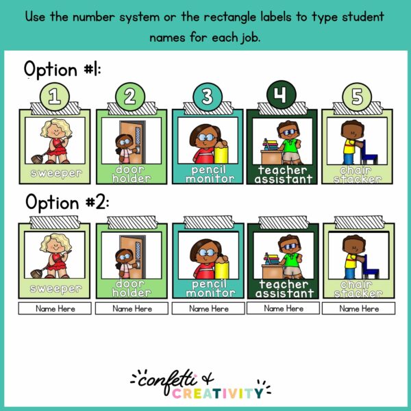 Tropical Classroom Job Cards 2 Shows two different options to add numbers and names to the classroom job cards