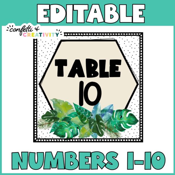 Tropical Table Number Preview 2 Shows one large table number example with the text "Editable" at the top of the page