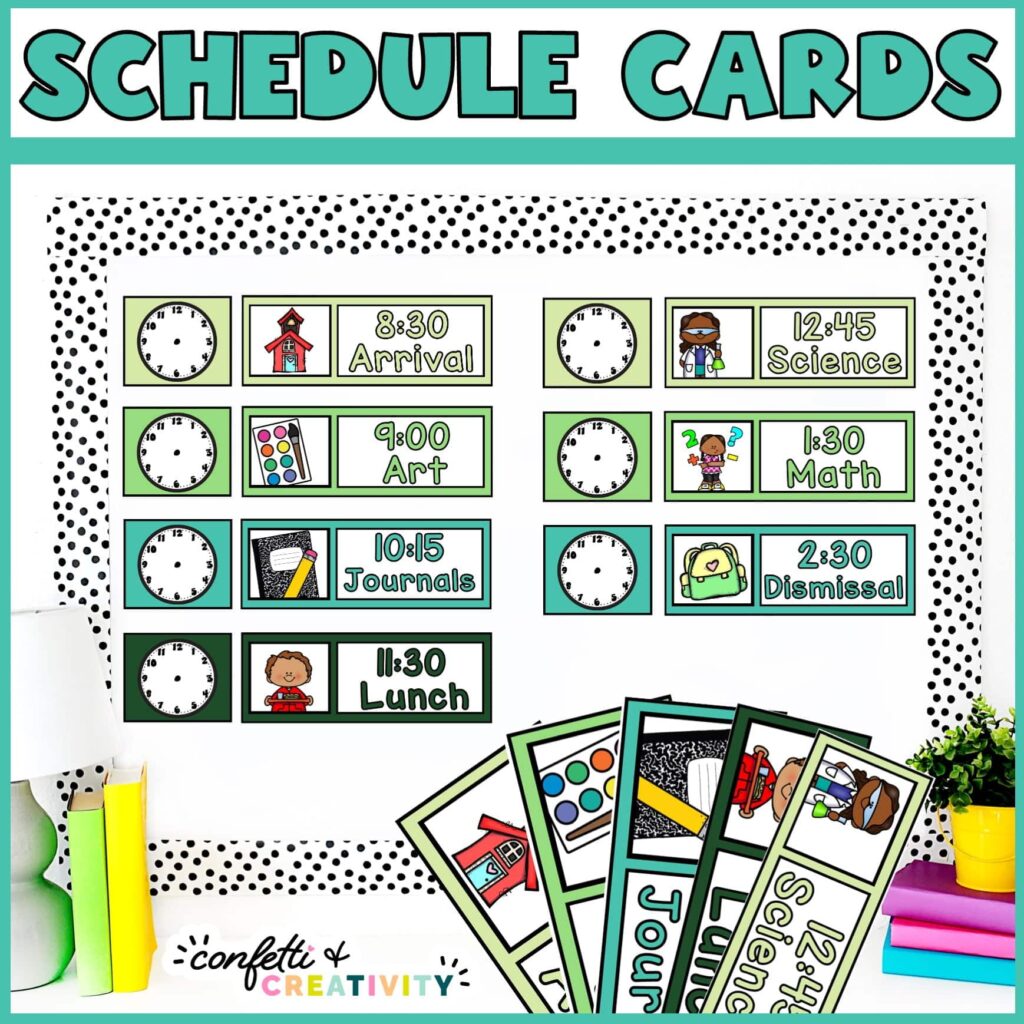 Shows visual schedule cards on a stock bulletin board