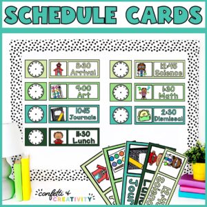 Shows visual schedule cards on a stock bulletin board