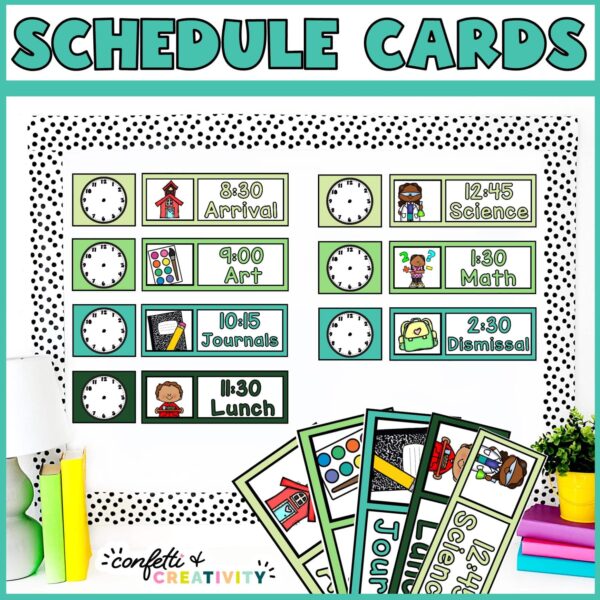 Shows visual schedule cards on a stock bulletin board