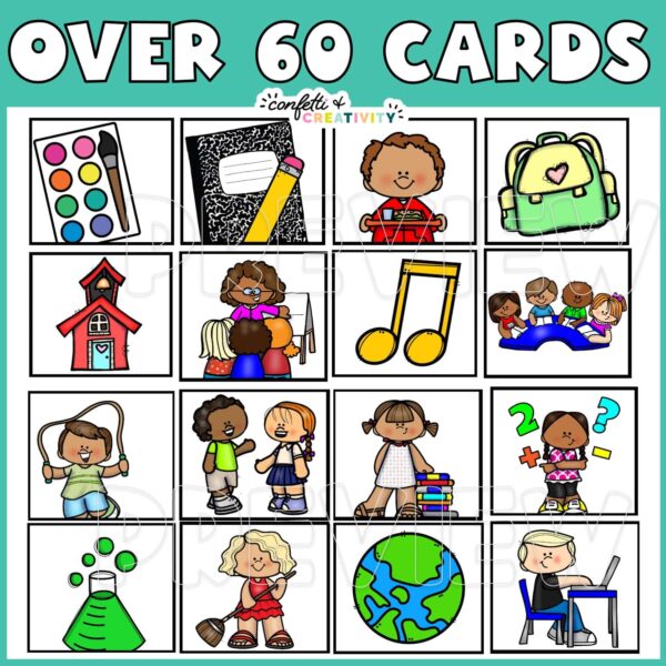 Tropical Visual Schedule Cards - Example Cards Shows 12 example visual schedule cards with clipart with the text "over 30 cards"