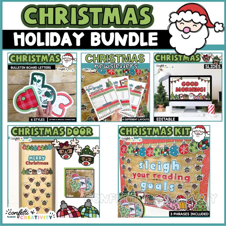 Shows All the Items that Come in the Christmas Classroom Decoration Bundle