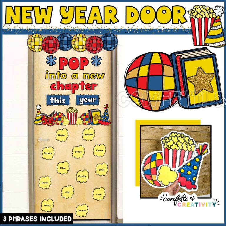 Shows the first phrase a teacher can use for their New Years Door Decor - Pop Into a New Chapter