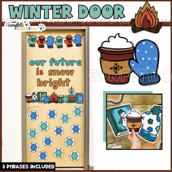 Shows a full door decorated with winter door decor set up