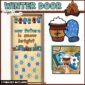 Shows a full door decorated with winter door decor set up
