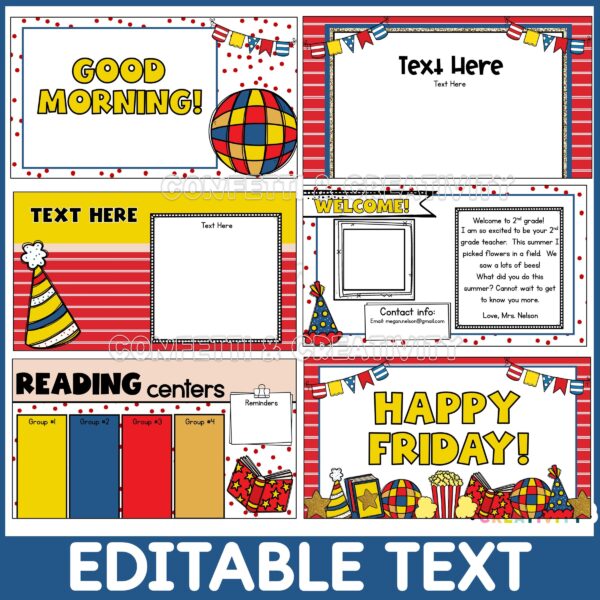 New Year's Google Slide Templates - Slide Examples Shows 6 different slides included in the New Year's Google Slide product