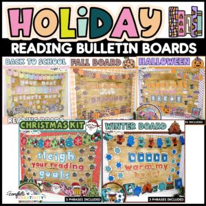 A preview photo of the holiday reading bulletin board board. Features many different holidays like Fall, Back to School, Halloween, and many more!